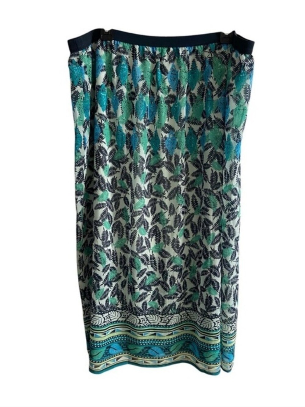 J. Jill Teal Green and Navy Printed Pull-On Midi Skirt Leaf Print XL